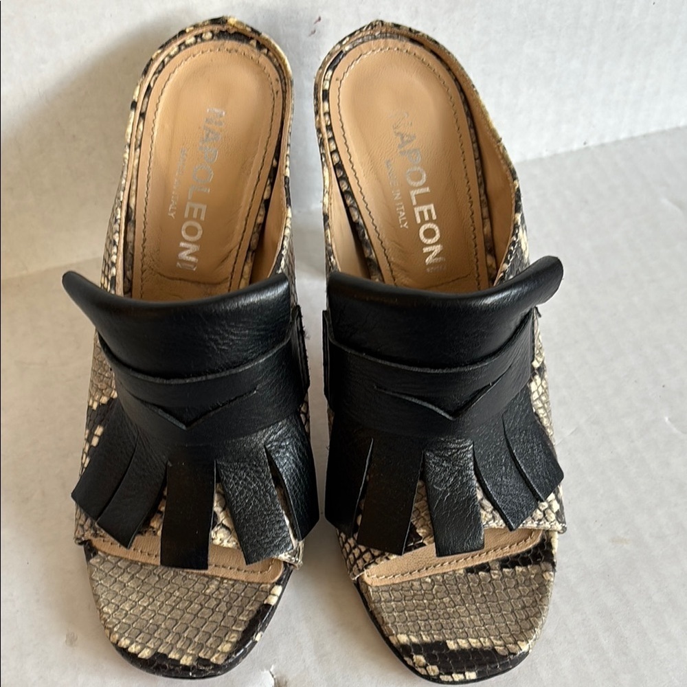 Napoleoni Black Fringe and snake skin  peep toe heels in 36 or 6
